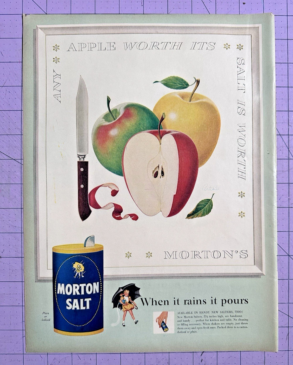 1955 Vintage Original Magazine Ad Morton Any Apple is Worth It's Salt